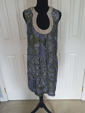 Trina Turk Navy and Olive Floral Sleeveless Midi with Beaded Cream Neckline